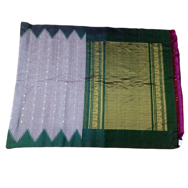 Bottle green and grey colour gadwal Lenin saree with beautiful temple border - Image 3