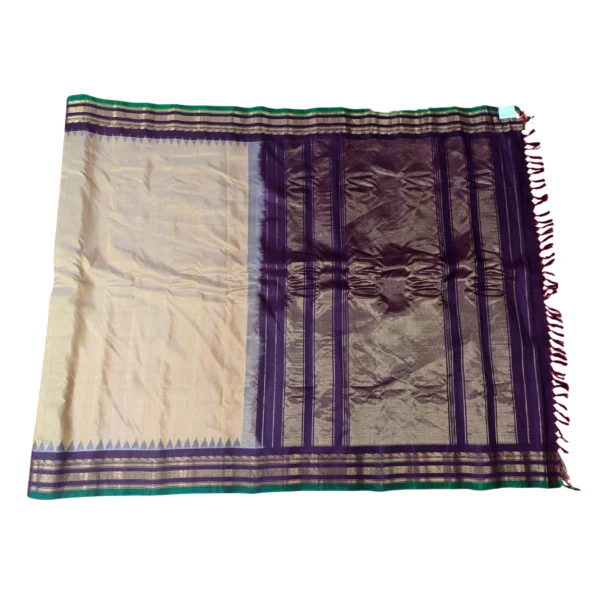 Magenta and hues of yellow colour gadwal jute silk saree with beautiful temple border - Image 3