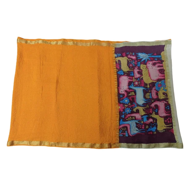 Mustard yellow and maroon colour Mysore silk and kalamkari saree with beautiful animal motifs - Image 3