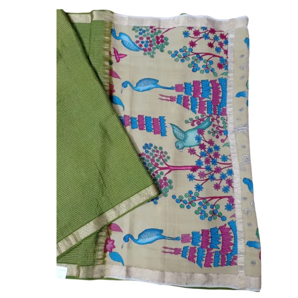 Green colour Mysore silk and kalamkari saree with beautiful swan and parrot design - Image 2