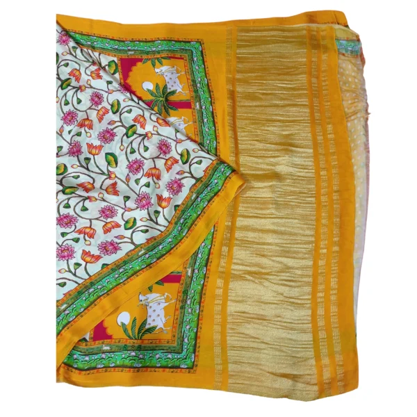 Yellow and off white colour gajji Pichwai silk saree with beautiful floral and cow design - Image 2