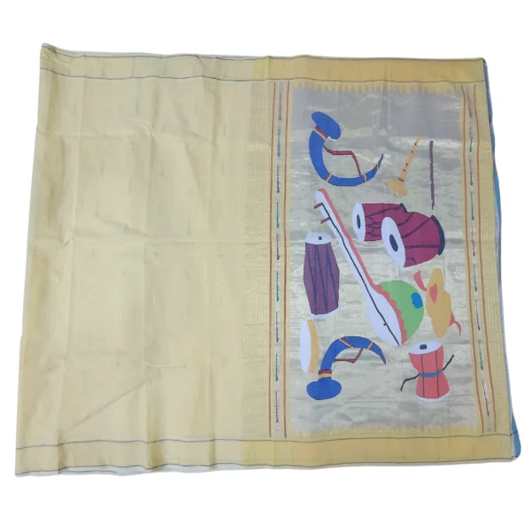 Yellow colour single muniya paithani cotton saree with beautiful musical instruments on the top of pallu - Image 2
