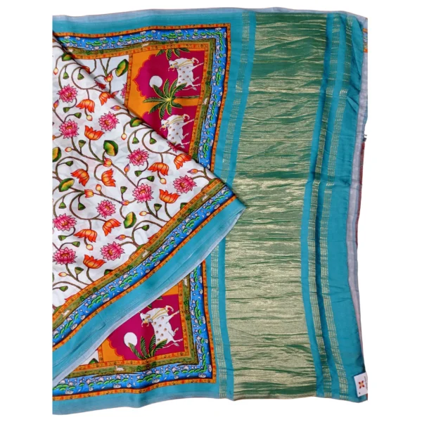 Hues of white colour gajji Pichwai silk saree with beautiful floral and cow design - Image 2