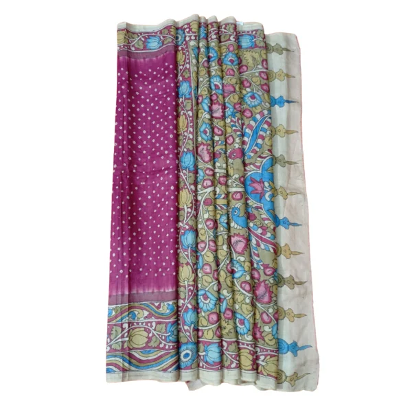 Pink colour Bandhini tussar silk saree with beautiful kalamkari design - Image 4