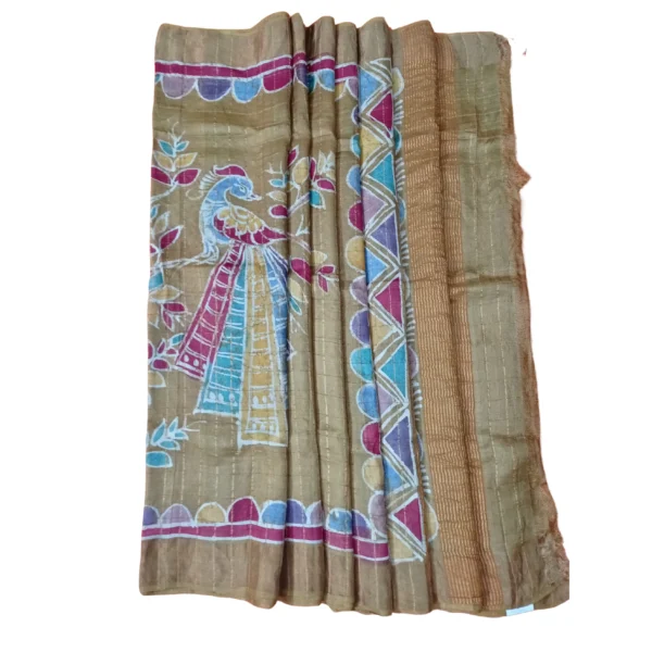 Olive green colour tussar silk saree with beautiful batik printed peacock design - Image 4