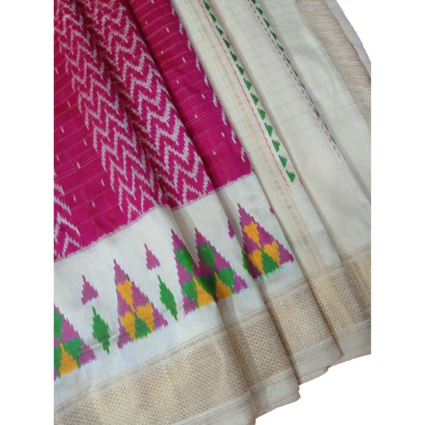 Off-white and pink colour double ikkat silk saree with beautiful temple border design