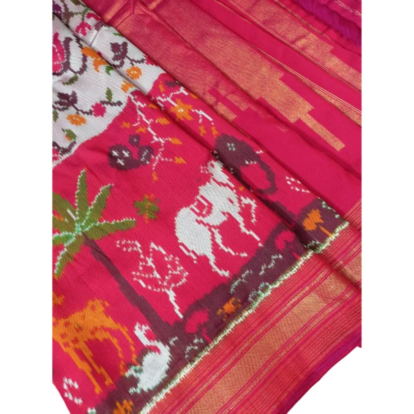 Off-white and red colour twill patola double ikkat saree with beautiful story design