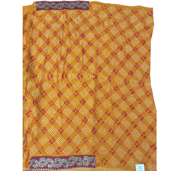 Mustard colour Bandhini gajji silk saree with beautiful hand work - Image 5