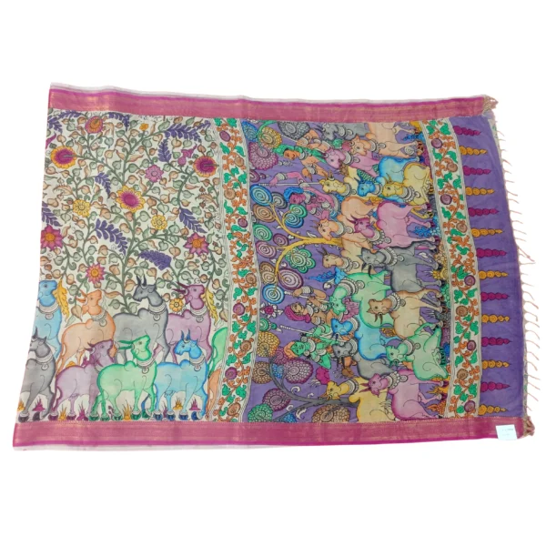 Pen kalamkari saree with beautifu floral and cow design - Image 3
