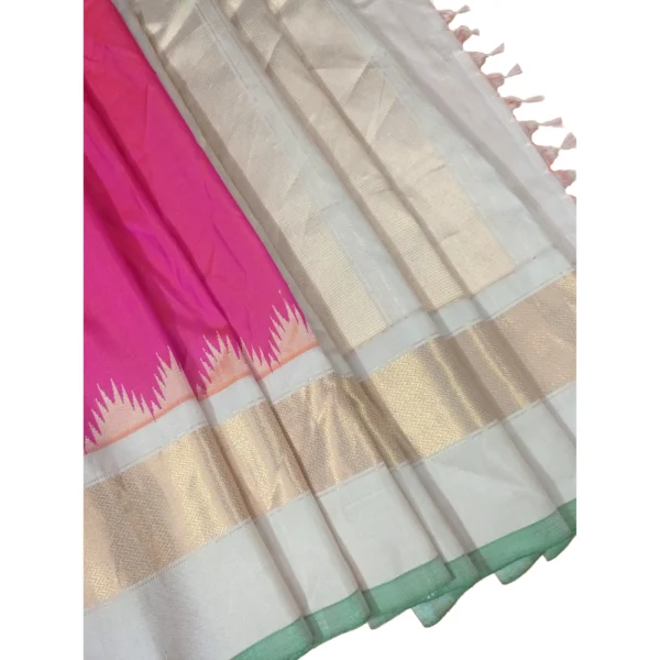 Pink and beige colour gadwal pattu silk saree with beautiful temple border