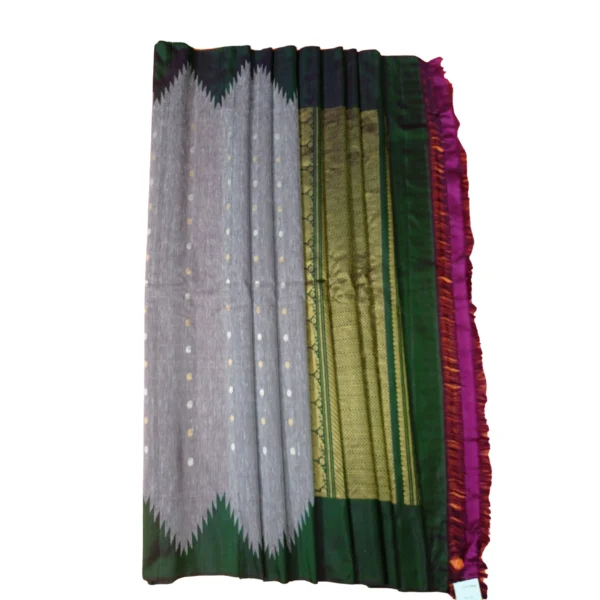 Bottle green and grey colour gadwal Lenin saree with beautiful temple border - Image 4