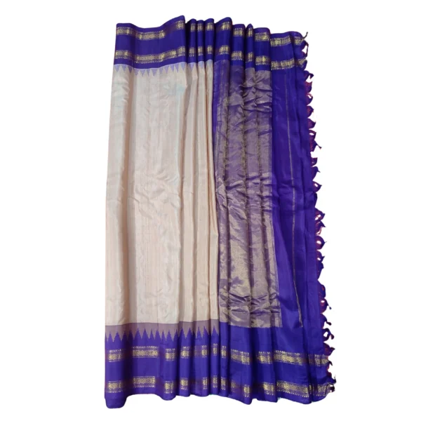 Peach and dark purple gadwal jute silk saree with beautiful temple border - Image 4