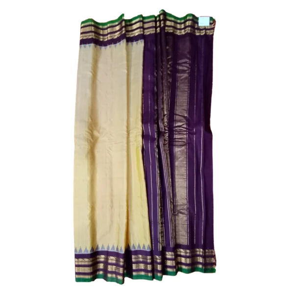 Magenta and hues of yellow colour gadwal jute silk saree with beautiful temple border - Image 4