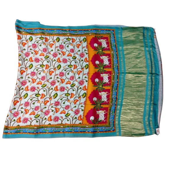 Hues of white colour gajji Pichwai silk saree with beautiful floral and cow design - Image 3