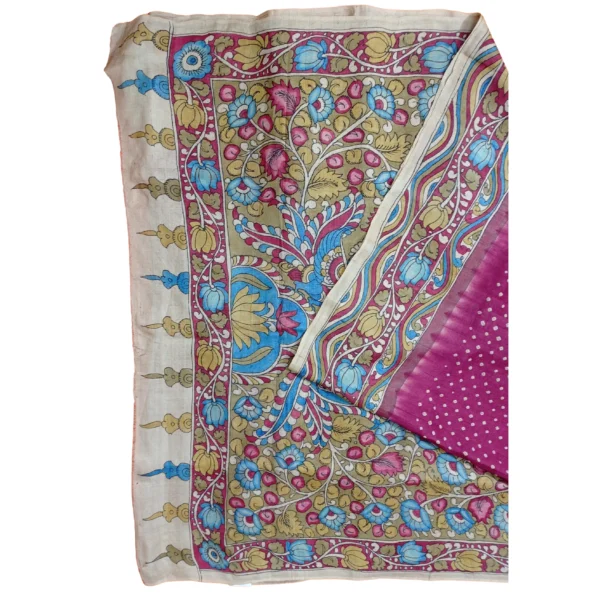 Pink colour Bandhini tussar silk saree with beautiful kalamkari design - Image 2