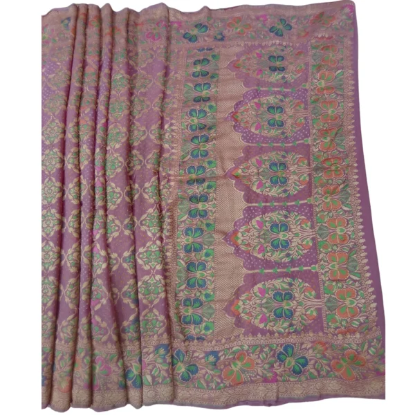 Pink colour bandhani paithani saree with beautiful floral design - Image 2