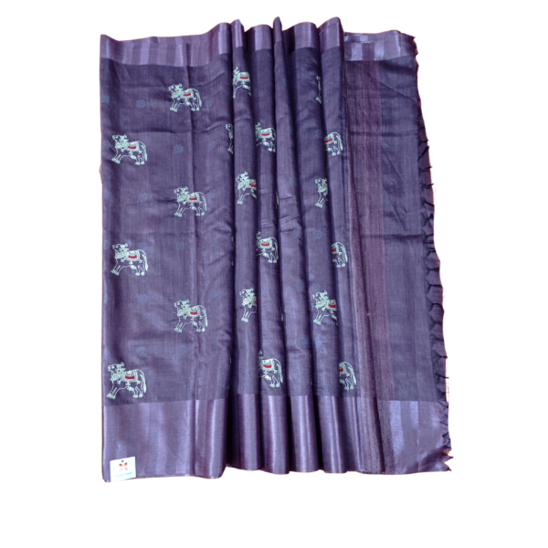 Purple colour tussar silk saree with beautiful cow design - Image 4