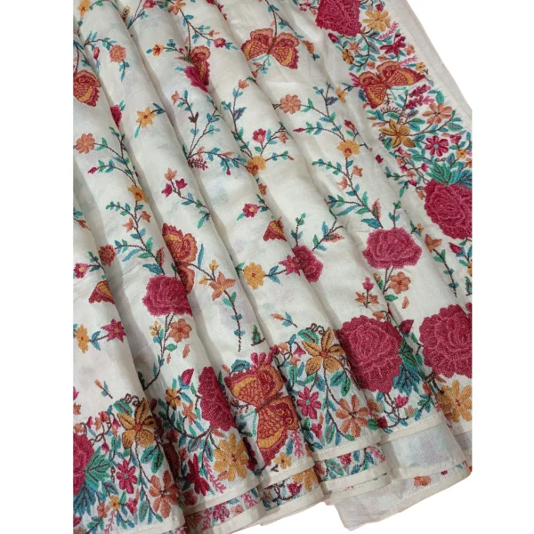 Off white colour tussar silk saree with beautiful machine embroidery