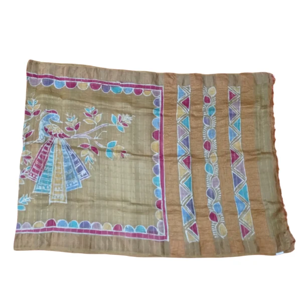 Olive green colour tussar silk saree with beautiful batik printed peacock design - Image 3