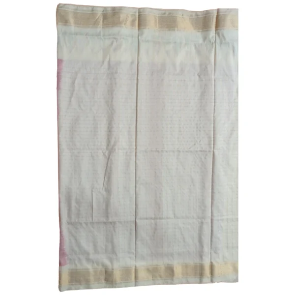 Off-white and pink colour double ikkat silk saree with beautiful temple border design - Image 5