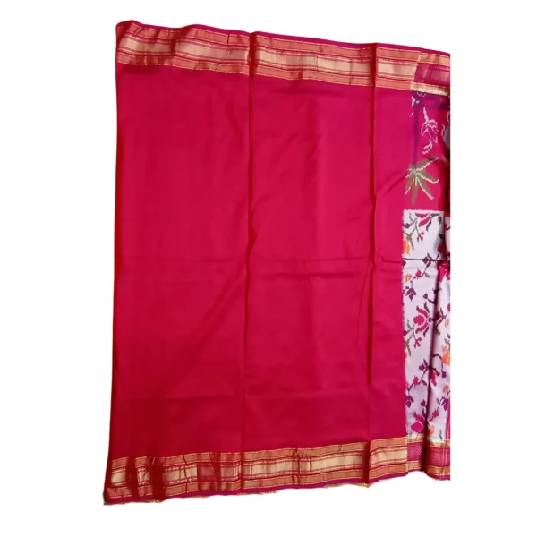 Off-white and red colour twill patola double ikkat saree with beautiful story design - Image 5