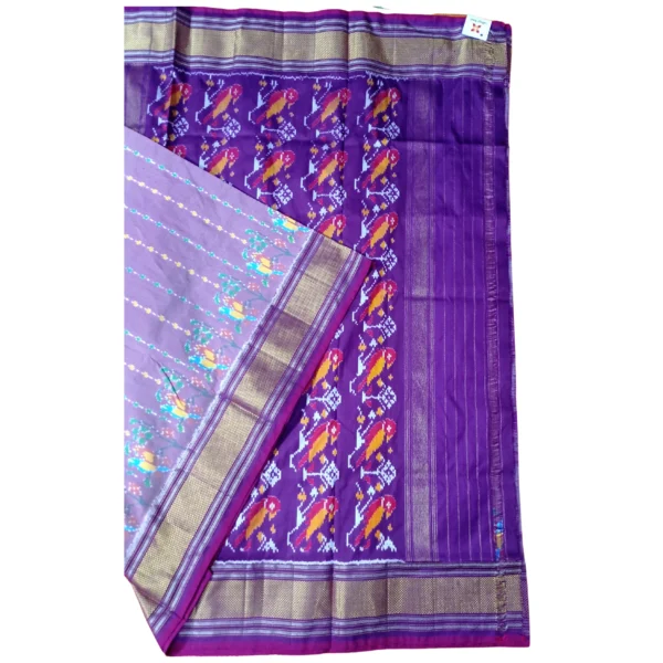 Lavendar and purple colour double ikkat silk saree with beautiful parrot design - Image 2