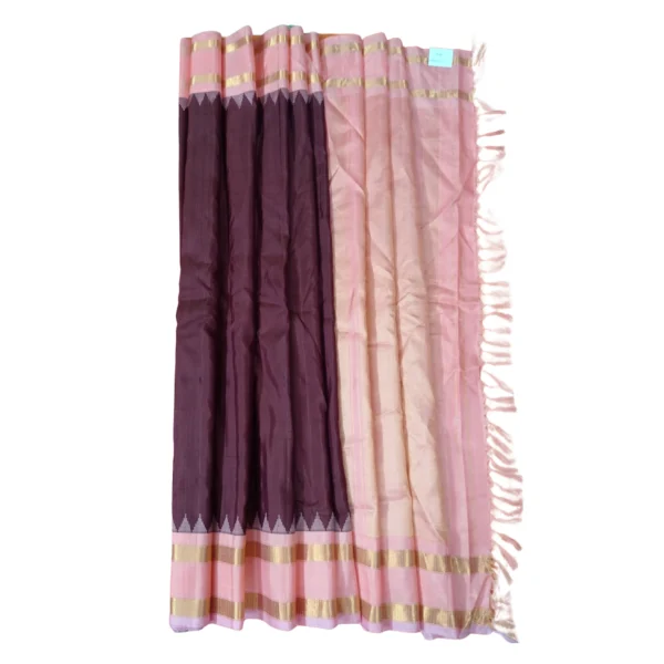 Coffee brown and peach colour gadwal jute silk saree - Image 4