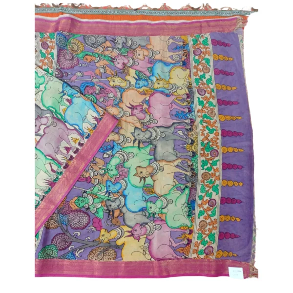 Pen kalamkari saree with beautifu floral and cow design - Image 2