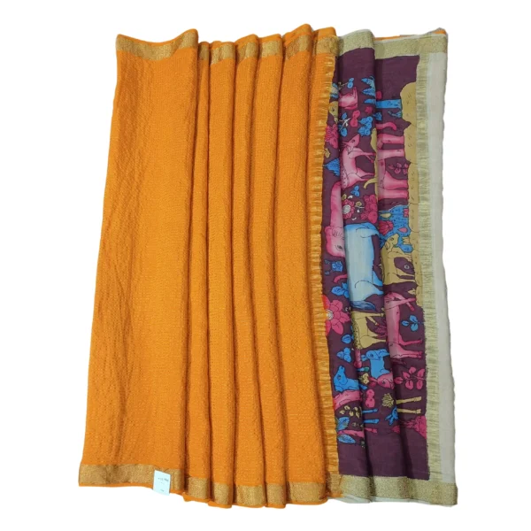 Mustard yellow and maroon colour Mysore silk and kalamkari saree with beautiful animal motifs - Image 4