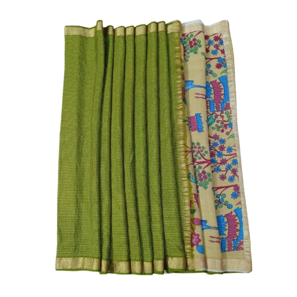 Green colour Mysore silk and kalamkari saree with beautiful swan and parrot design - Image 4