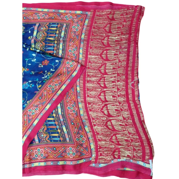 Red and blue gajji Pichwai silk saree with beautiful floral and elephant design - Image 2