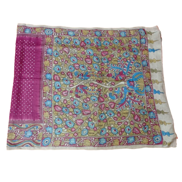Pink colour Bandhini tussar silk saree with beautiful kalamkari design - Image 3