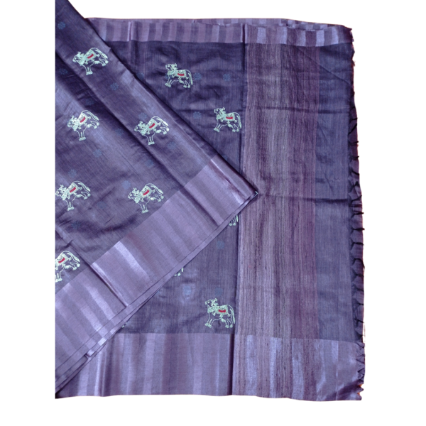 Purple colour tussar silk saree with beautiful cow design - Image 2