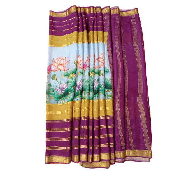 Multi colour Hand painted Mysore silk saree with beautiful floral design - Image 4