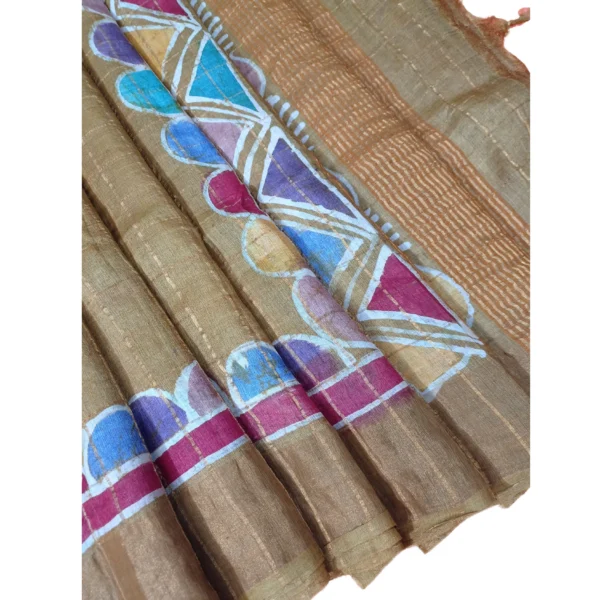 Olive green colour tussar silk saree with beautiful batik printed peacock design
