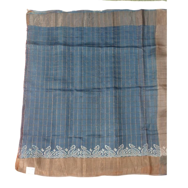 Beige and blue colour tussar silk saree with beautiful floral design - Image 5