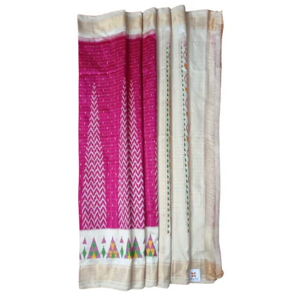 Off-white and pink colour double ikkat silk saree with beautiful temple border design - Image 4