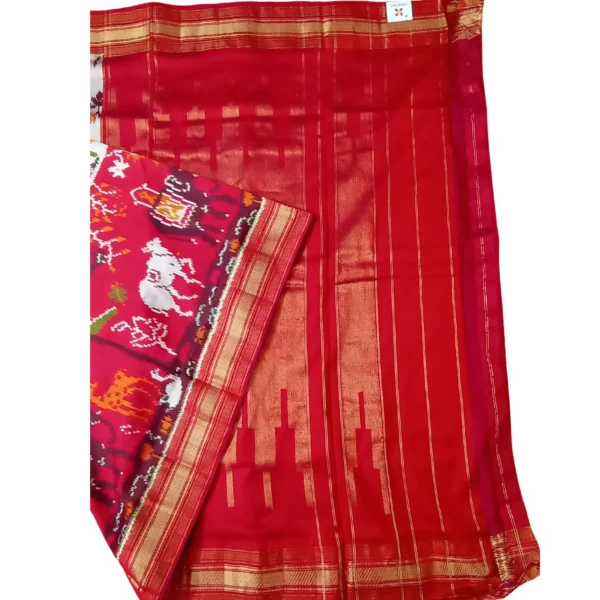 Off-white and red colour twill patola double ikkat saree with beautiful story design - Image 2