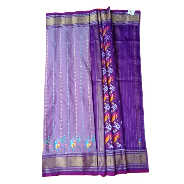 Lavendar and purple colour double ikkat silk saree with beautiful parrot design - Image 4