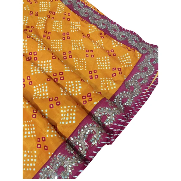 Mustard colour Bandhini gajji silk saree with beautiful hand work