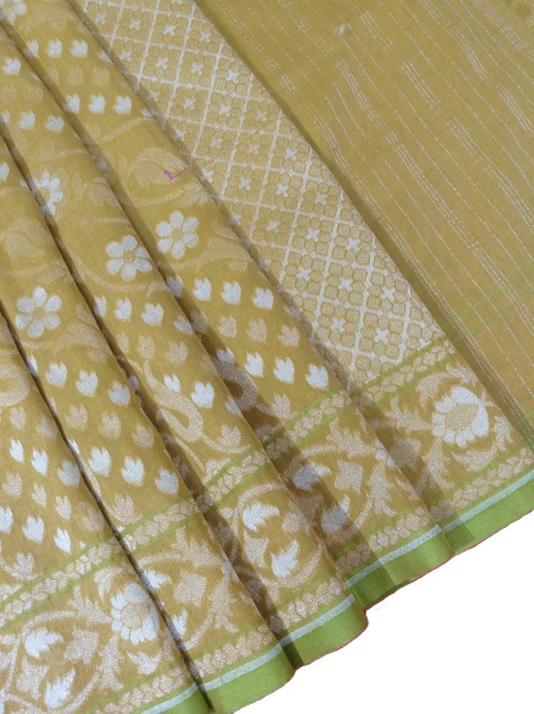 Lime yellow colour banarasi zamdani cotton saree with beautiful allover floral design