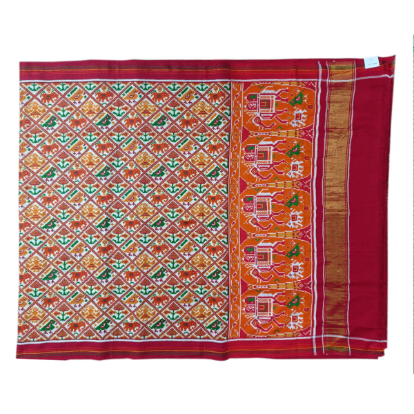 Orange and Red Patan Patola Saree with beautiful Elephant motifs - Image 2