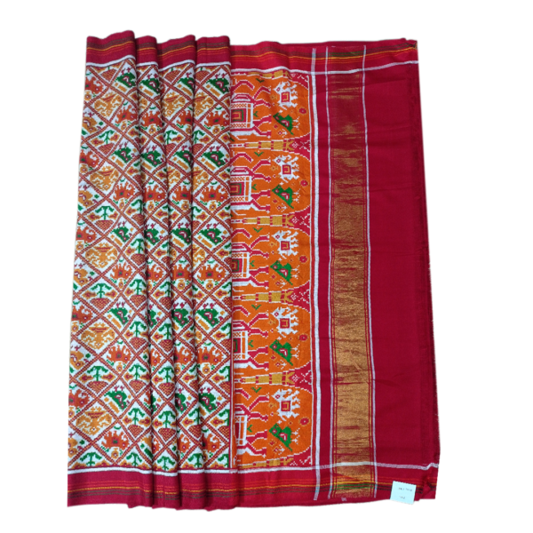 Orange and Red Patan Patola Saree with beautiful Elephant motifs - Image 3