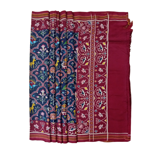 Blue and red colour patan patola saree with beautiful animal motifs and floral design - Image 2