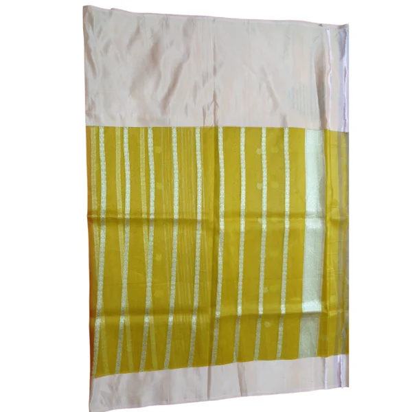 Lime yellow and peach colour banarasi kora silk saree - Image 5
