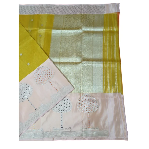 Lime yellow and peach colour banarasi kora silk saree - Image 2