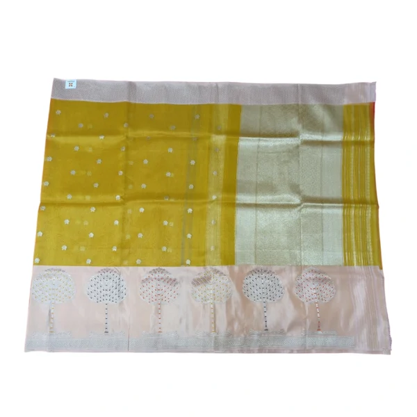 Lime yellow and peach colour banarasi kora silk saree - Image 4