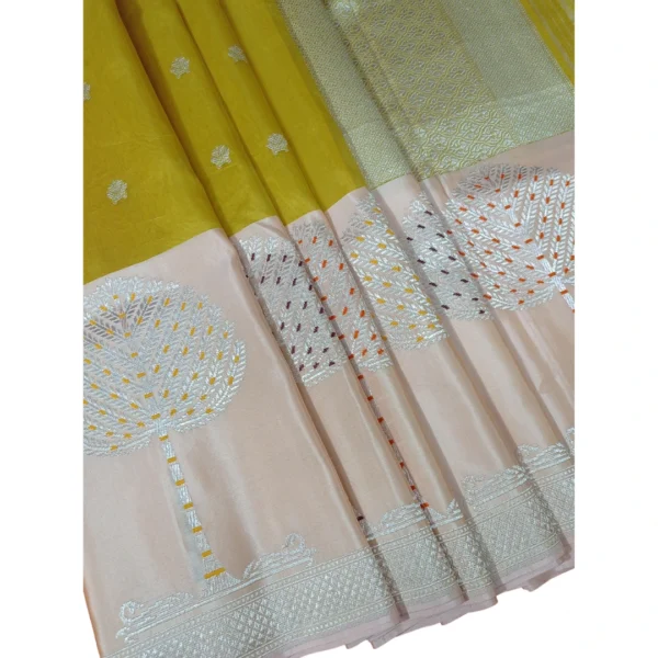 Lime yellow and peach colour banarasi kora silk saree