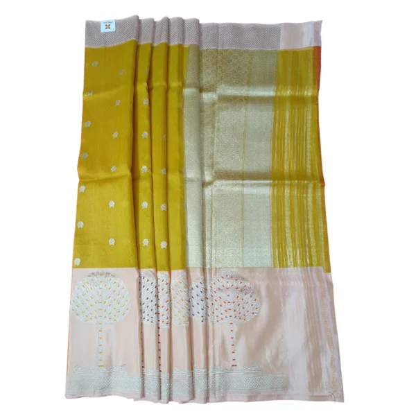 Lime yellow and peach colour banarasi kora silk saree - Image 3