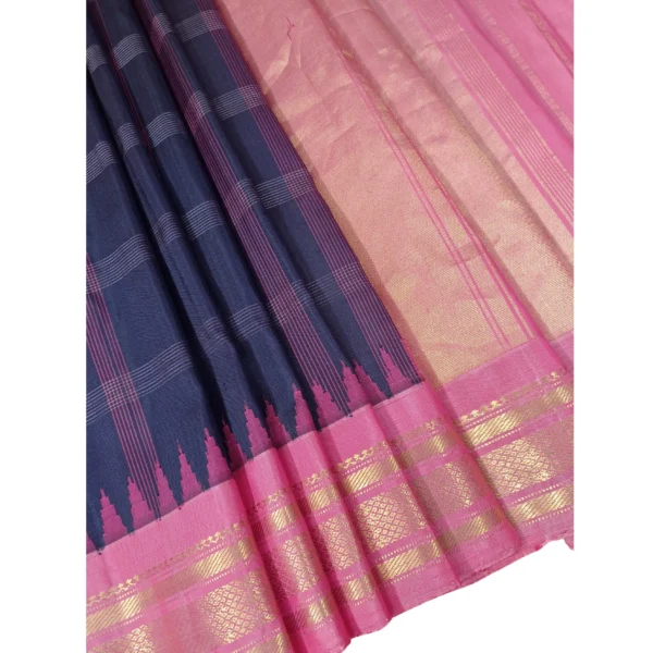 Navy blue and peach colour gadwal pattu silk saree with beautiful checks design